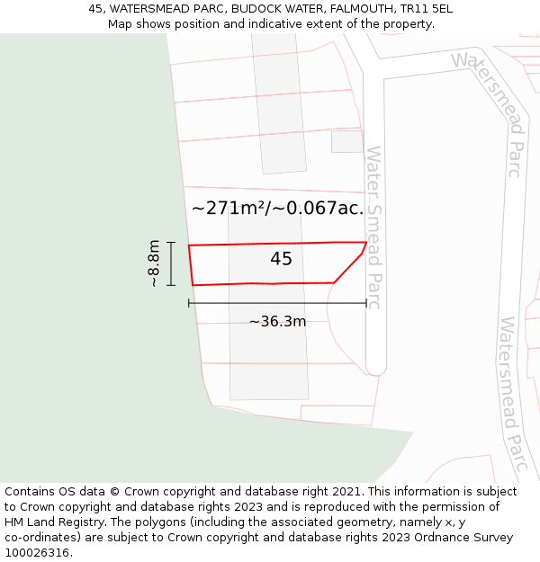 45, WATERSMEAD PARC, BUDOCK WATER, FALMOUTH, TR11 5EL: Plot and title map