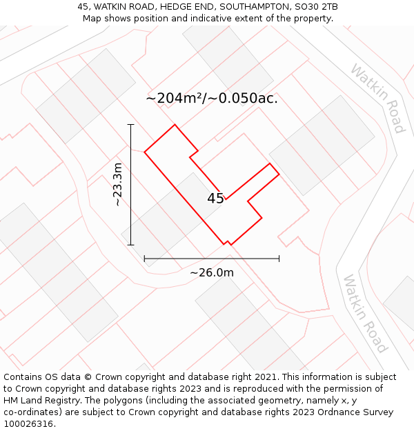 45, WATKIN ROAD, HEDGE END, SOUTHAMPTON, SO30 2TB: Plot and title map
