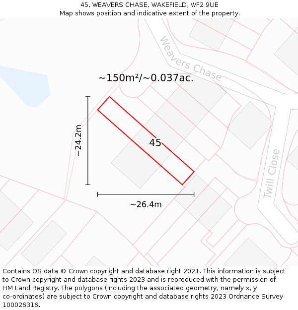 45, WEAVERS CHASE, WAKEFIELD, WF2 9UE: Plot and title map