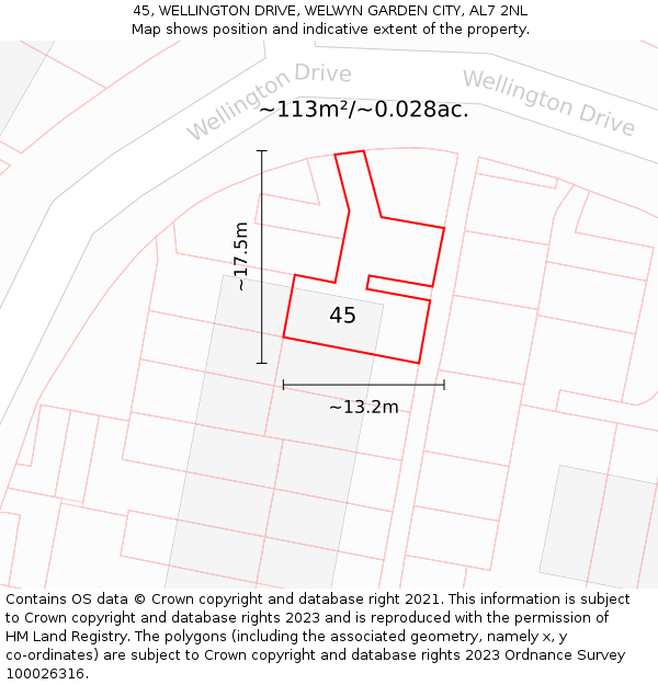 45, WELLINGTON DRIVE, WELWYN GARDEN CITY, AL7 2NL: Plot and title map