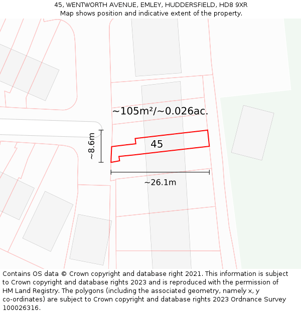 45, WENTWORTH AVENUE, EMLEY, HUDDERSFIELD, HD8 9XR: Plot and title map