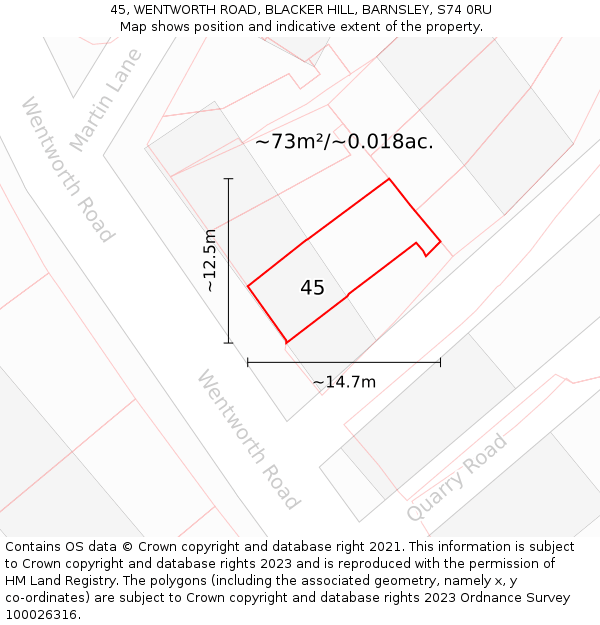 45, WENTWORTH ROAD, BLACKER HILL, BARNSLEY, S74 0RU: Plot and title map