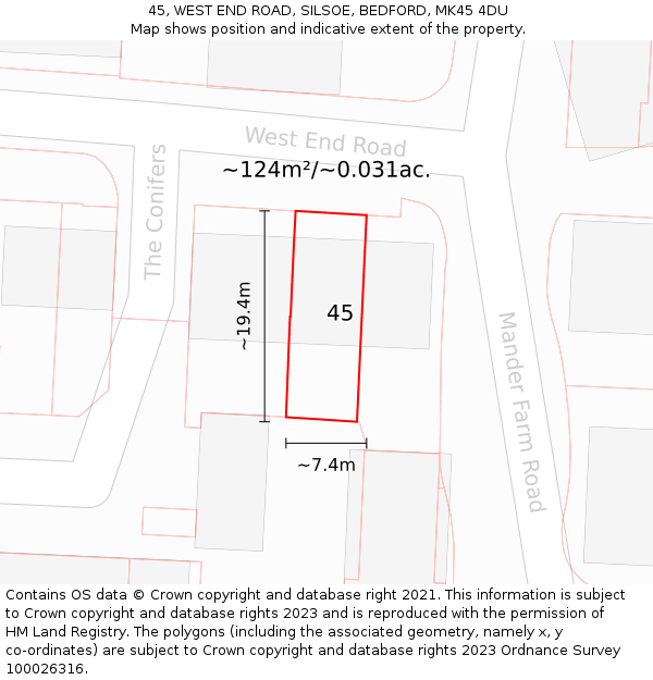 45, WEST END ROAD, SILSOE, BEDFORD, MK45 4DU: Plot and title map