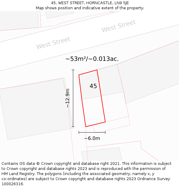 45, WEST STREET, HORNCASTLE, LN9 5JE: Plot and title map
