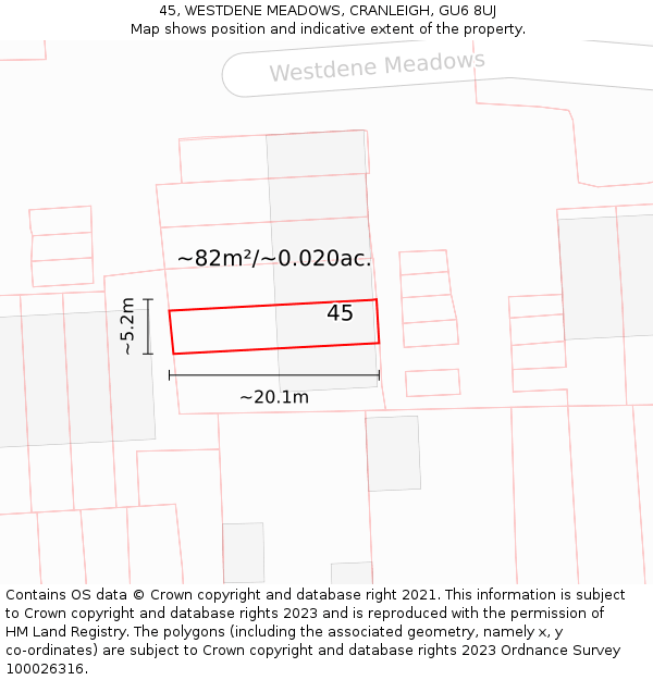 45, WESTDENE MEADOWS, CRANLEIGH, GU6 8UJ: Plot and title map