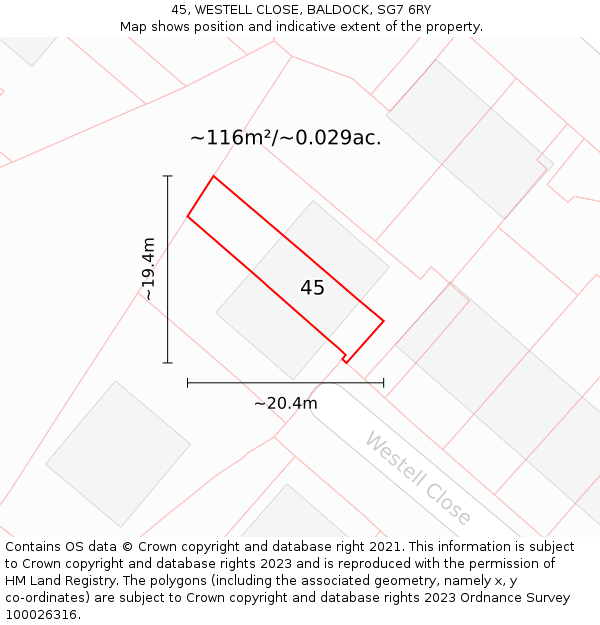 45, WESTELL CLOSE, BALDOCK, SG7 6RY: Plot and title map