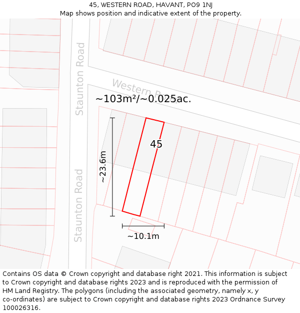 45, WESTERN ROAD, HAVANT, PO9 1NJ: Plot and title map