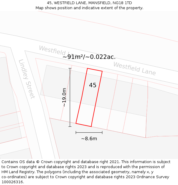 45, WESTFIELD LANE, MANSFIELD, NG18 1TD: Plot and title map