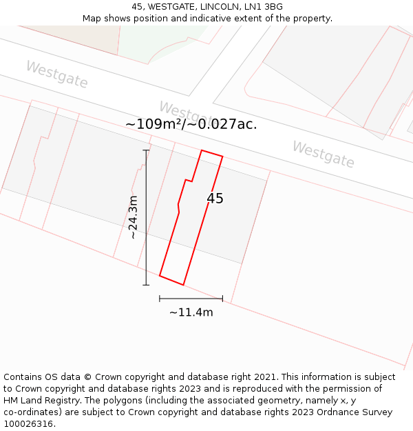 45, WESTGATE, LINCOLN, LN1 3BG: Plot and title map