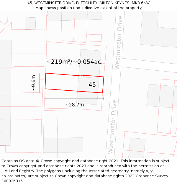 45, WESTMINSTER DRIVE, BLETCHLEY, MILTON KEYNES, MK3 6NW: Plot and title map