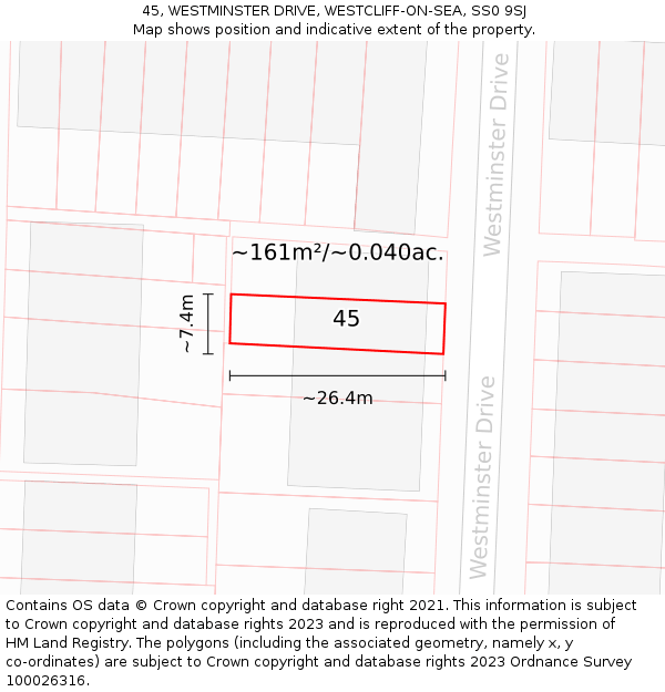 45, WESTMINSTER DRIVE, WESTCLIFF-ON-SEA, SS0 9SJ: Plot and title map