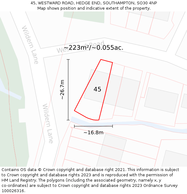 45, WESTWARD ROAD, HEDGE END, SOUTHAMPTON, SO30 4NP: Plot and title map