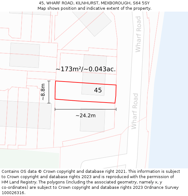 45, WHARF ROAD, KILNHURST, MEXBOROUGH, S64 5SY: Plot and title map