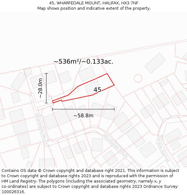 45, WHARFEDALE MOUNT, HALIFAX, HX3 7NF: Plot and title map