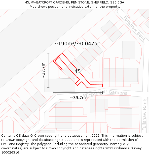 45, WHEATCROFT GARDENS, PENISTONE, SHEFFIELD, S36 6GA: Plot and title map