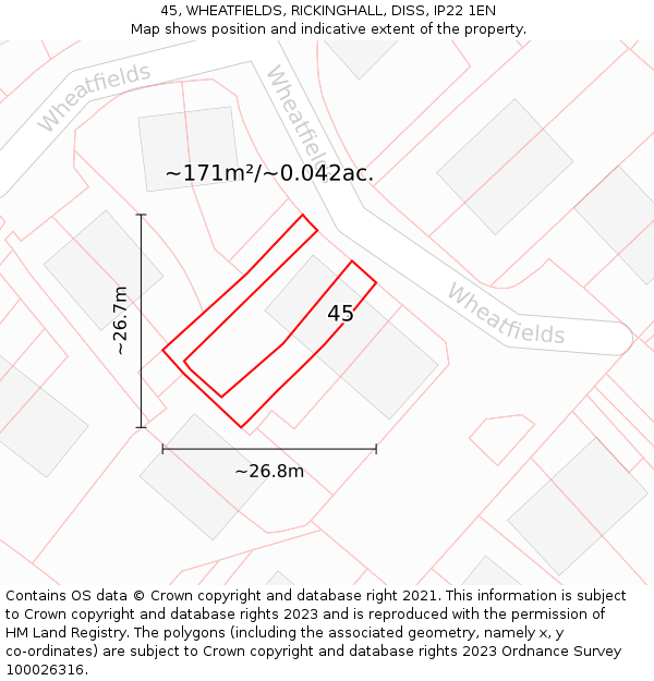 45, WHEATFIELDS, RICKINGHALL, DISS, IP22 1EN: Plot and title map