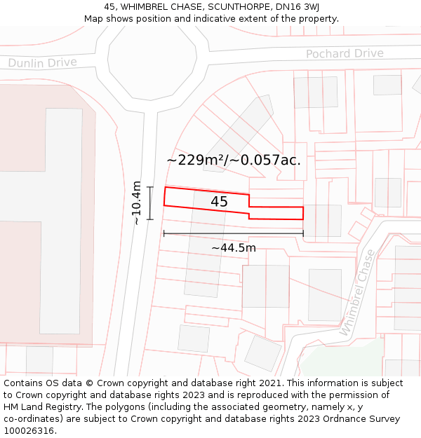 45, WHIMBREL CHASE, SCUNTHORPE, DN16 3WJ: Plot and title map