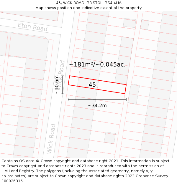 45, WICK ROAD, BRISTOL, BS4 4HA: Plot and title map