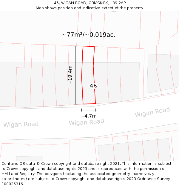 45, WIGAN ROAD, ORMSKIRK, L39 2AP: Plot and title map