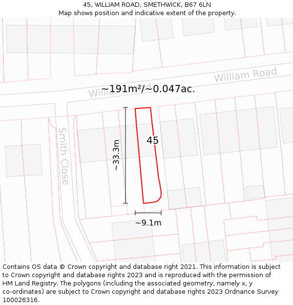 45, WILLIAM ROAD, SMETHWICK, B67 6LN: Plot and title map