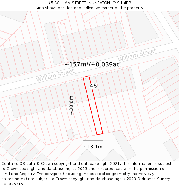 45, WILLIAM STREET, NUNEATON, CV11 4PB: Plot and title map