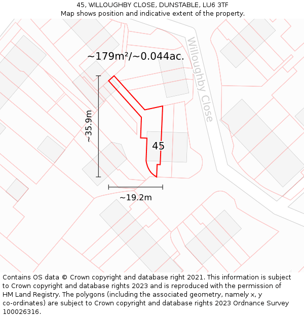 45, WILLOUGHBY CLOSE, DUNSTABLE, LU6 3TF: Plot and title map