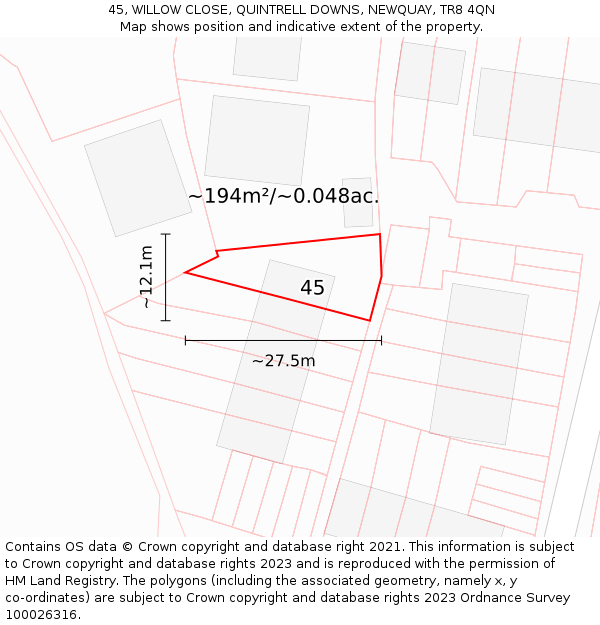 45, WILLOW CLOSE, QUINTRELL DOWNS, NEWQUAY, TR8 4QN: Plot and title map