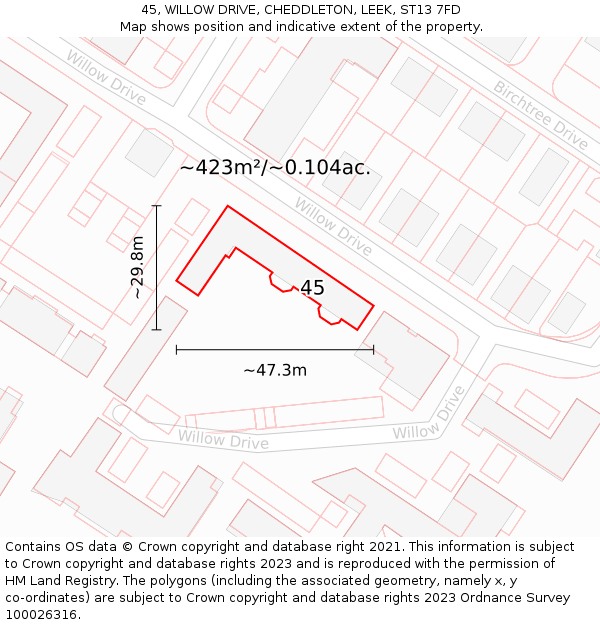 45, WILLOW DRIVE, CHEDDLETON, LEEK, ST13 7FD: Plot and title map