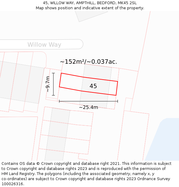 45, WILLOW WAY, AMPTHILL, BEDFORD, MK45 2SL: Plot and title map