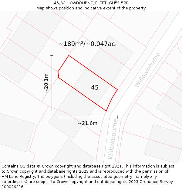 45, WILLOWBOURNE, FLEET, GU51 5BP: Plot and title map