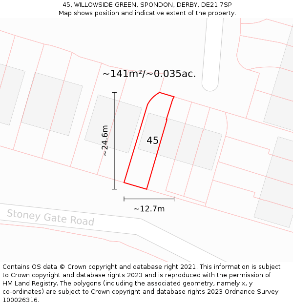45, WILLOWSIDE GREEN, SPONDON, DERBY, DE21 7SP: Plot and title map