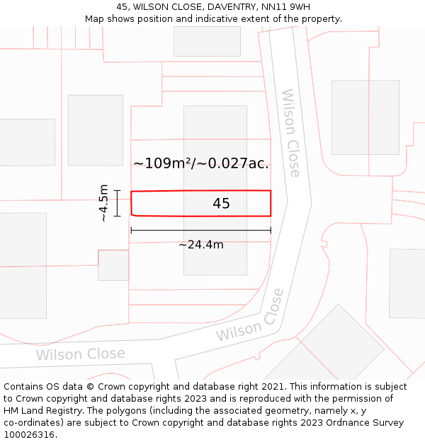 45, WILSON CLOSE, DAVENTRY, NN11 9WH: Plot and title map
