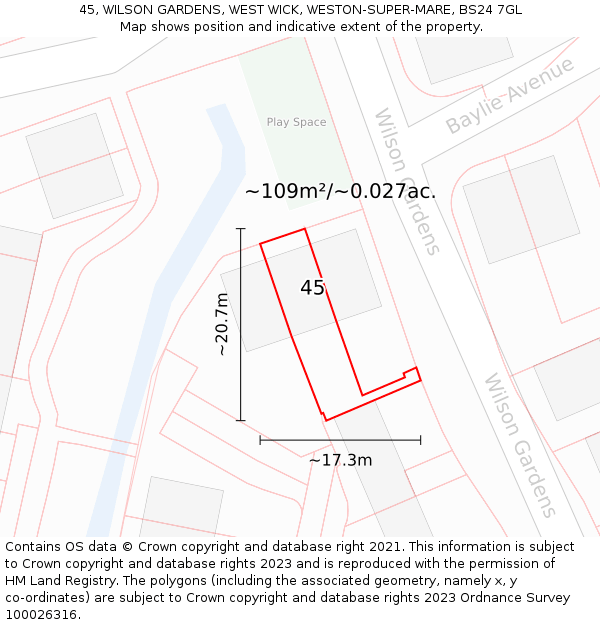 45, WILSON GARDENS, WEST WICK, WESTON-SUPER-MARE, BS24 7GL: Plot and title map