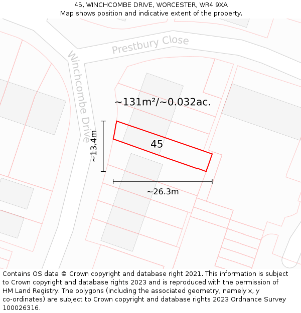 45, WINCHCOMBE DRIVE, WORCESTER, WR4 9XA: Plot and title map