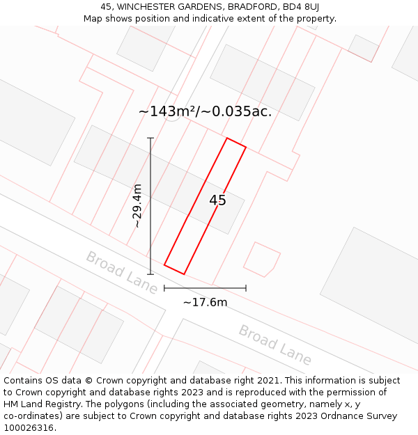 45, WINCHESTER GARDENS, BRADFORD, BD4 8UJ: Plot and title map