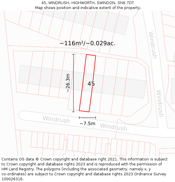 45, WINDRUSH, HIGHWORTH, SWINDON, SN6 7DT: Plot and title map