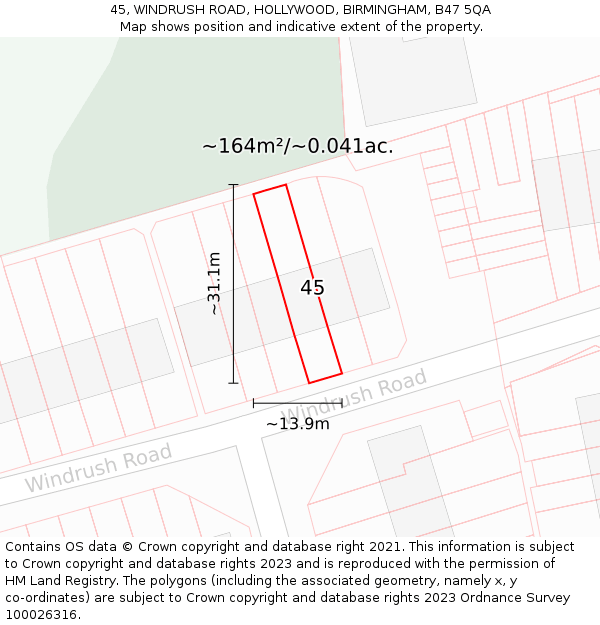 45, WINDRUSH ROAD, HOLLYWOOD, BIRMINGHAM, B47 5QA: Plot and title map