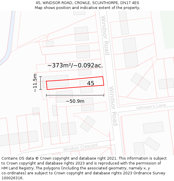 45, WINDSOR ROAD, CROWLE, SCUNTHORPE, DN17 4ES: Plot and title map