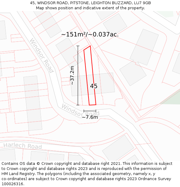 45, WINDSOR ROAD, PITSTONE, LEIGHTON BUZZARD, LU7 9GB: Plot and title map