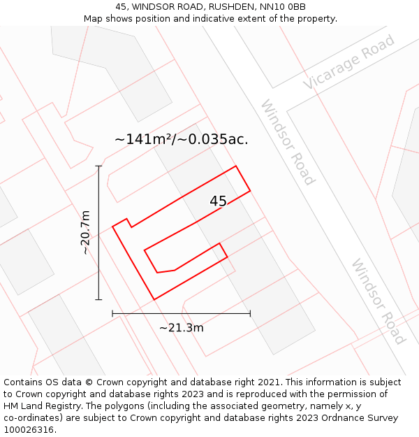 45, WINDSOR ROAD, RUSHDEN, NN10 0BB: Plot and title map