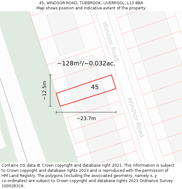 45, WINDSOR ROAD, TUEBROOK, LIVERPOOL, L13 8BA: Plot and title map