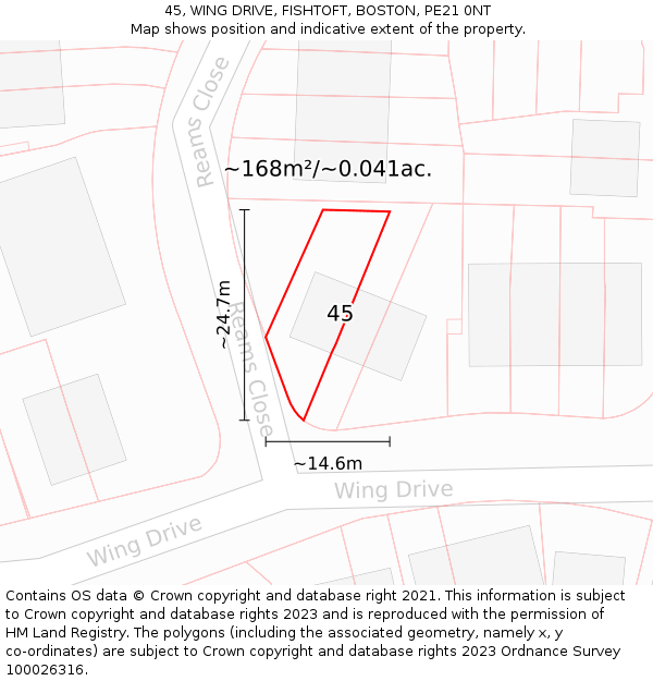 45, WING DRIVE, FISHTOFT, BOSTON, PE21 0NT: Plot and title map