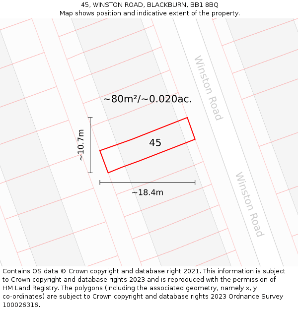 45, WINSTON ROAD, BLACKBURN, BB1 8BQ: Plot and title map