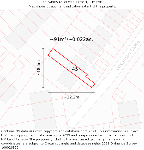 45, WISEMAN CLOSE, LUTON, LU2 7GE: Plot and title map
