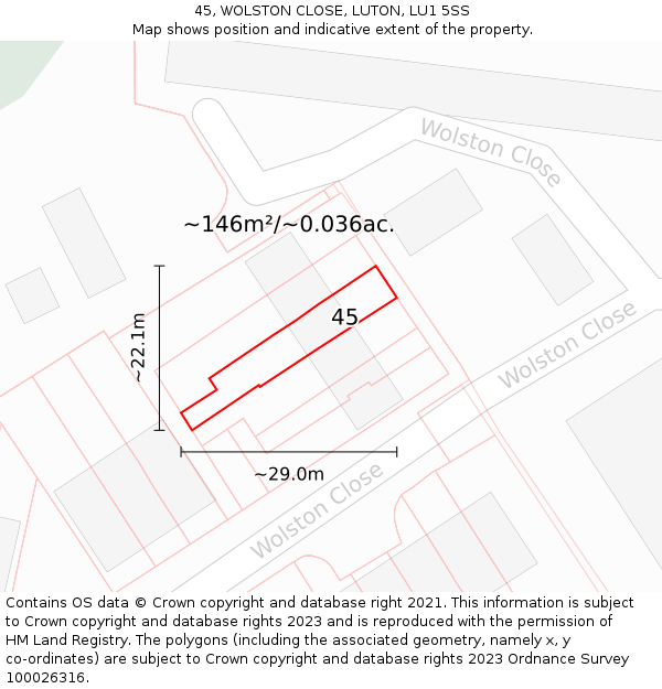 45, WOLSTON CLOSE, LUTON, LU1 5SS: Plot and title map