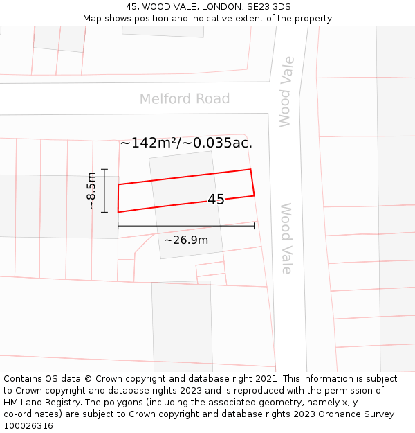 45, WOOD VALE, LONDON, SE23 3DS: Plot and title map
