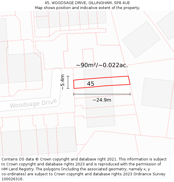 45, WOODSAGE DRIVE, GILLINGHAM, SP8 4UE: Plot and title map