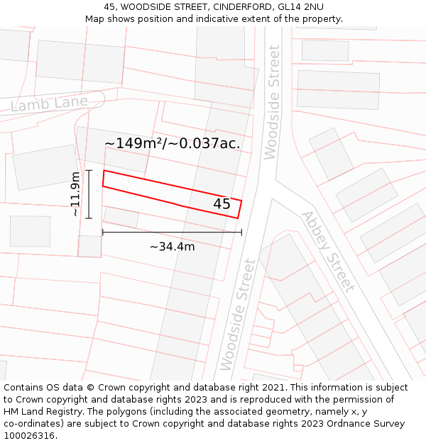 45, WOODSIDE STREET, CINDERFORD, GL14 2NU: Plot and title map