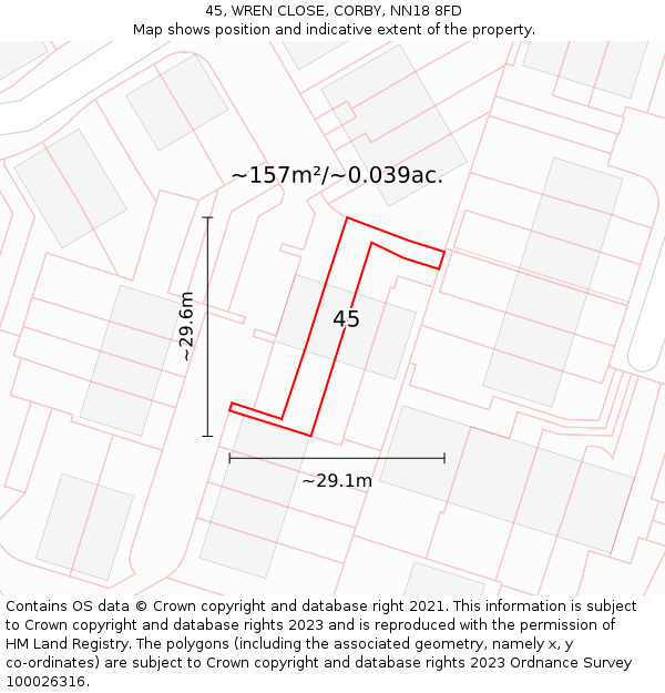 45, WREN CLOSE, CORBY, NN18 8FD: Plot and title map