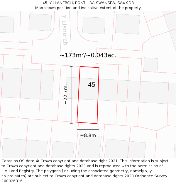 45, Y LLANERCH, PONTLLIW, SWANSEA, SA4 9DR: Plot and title map